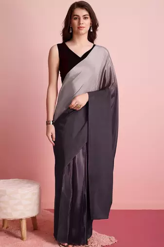 Grey plain satin designer saree with blouse piece