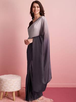 Grey plain satin designer saree with blouse piece 3