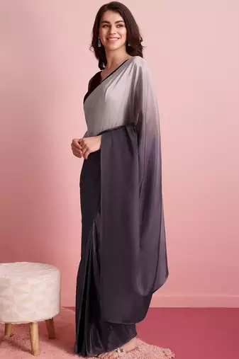 Grey plain satin designer saree with blouse piece