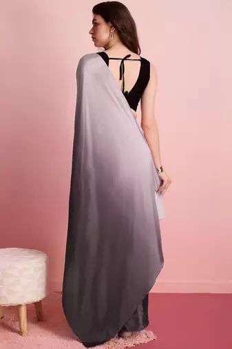 Grey plain satin designer saree with blouse piece
