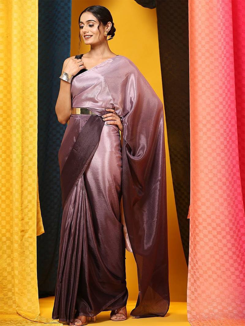 Violet plain chiffon designer saree with blouse piece