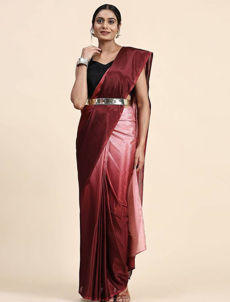 Maroon plain chiffon designer saree with blouse piece
