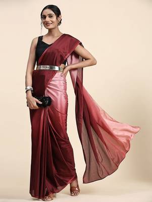 Maroon plain chiffon designer saree with blouse piece 4