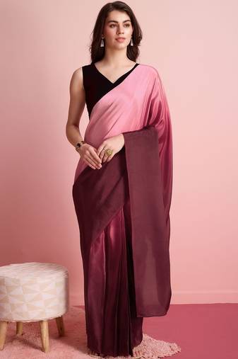 Pink plain satin designer saree with blouse piece
