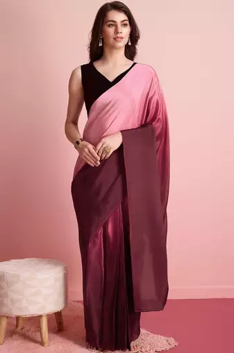 Pink plain satin designer saree with blouse piece