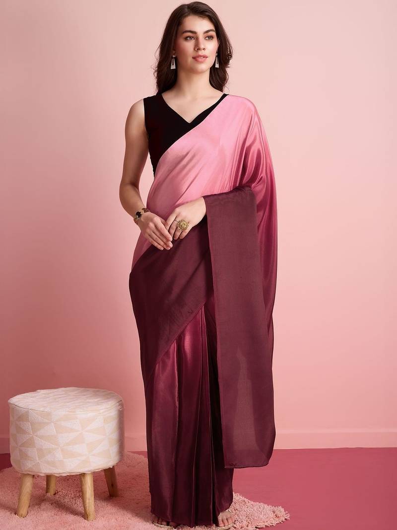 Pink plain satin designer saree with blouse piece