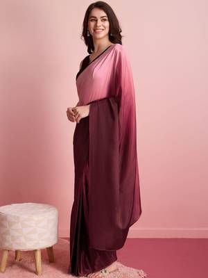 Pink plain satin designer saree with blouse piece 3