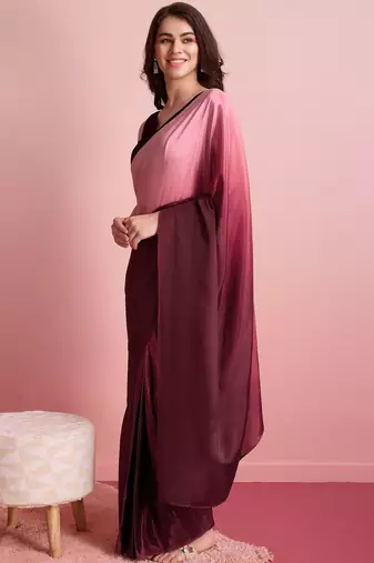 Pink plain satin designer saree with blouse piece