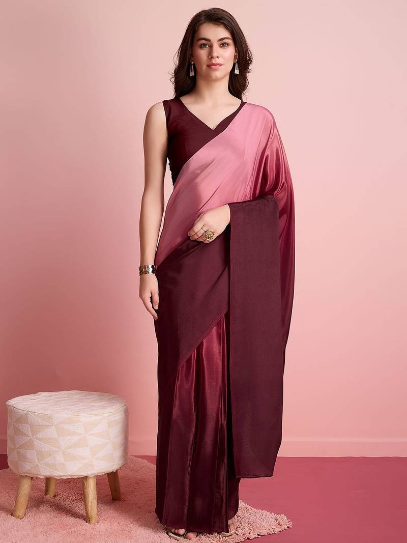 Maroon plain poly silk party wear saree with blouse piece