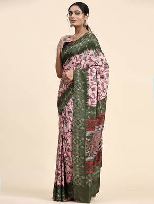 Pink printed crepe casual saree with blouse piece 1