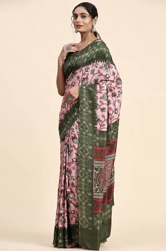 Pink printed crepe casual saree with blouse piece