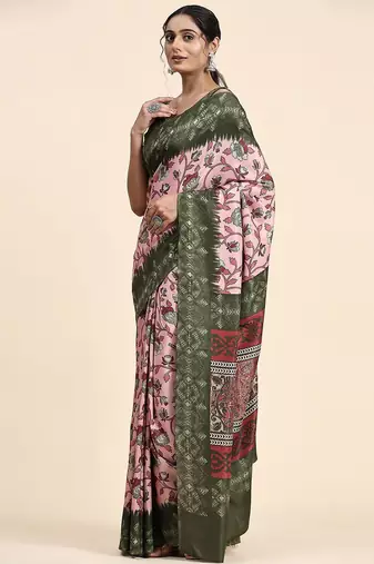 Pink printed crepe casual saree with blouse piece