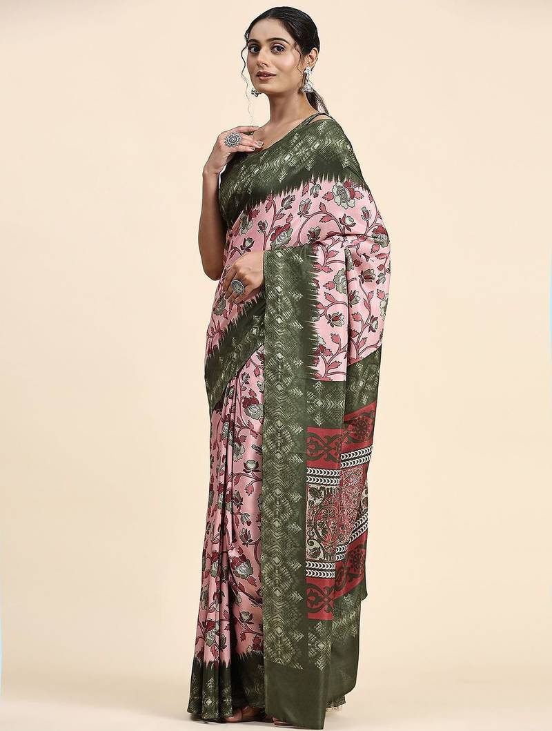 Pink printed crepe casual saree with blouse piece