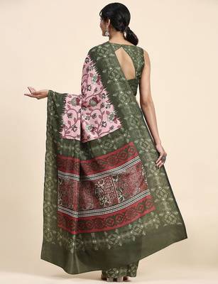 Pink printed crepe casual saree with blouse piece 2