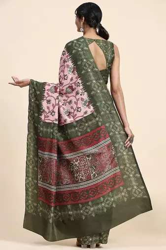 Pink printed crepe casual saree with blouse piece
