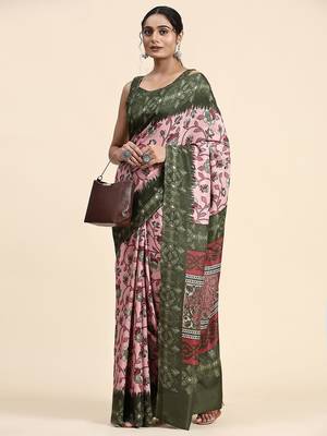 Pink printed crepe casual saree with blouse piece 3