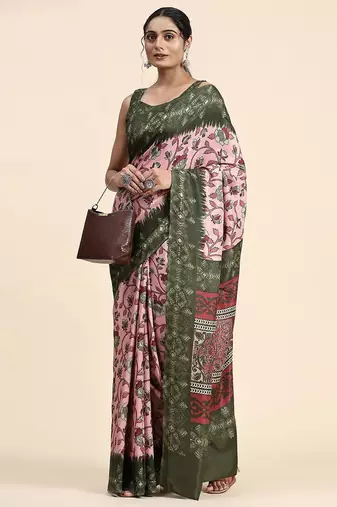 Pink printed crepe casual saree with blouse piece