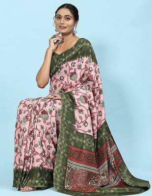 Pink printed crepe casual saree with blouse piece 4