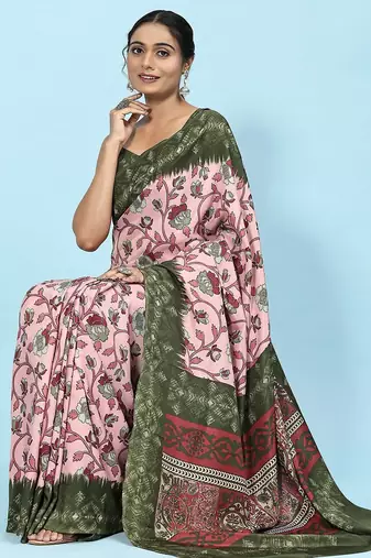 Pink printed crepe casual saree with blouse piece