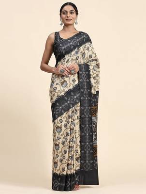 Cream printed crepe casual saree with blouse piece 1
