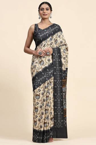 Cream printed crepe casual saree with blouse piece