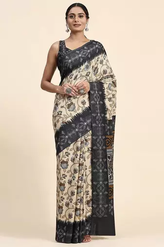Cream printed crepe casual saree with blouse piece