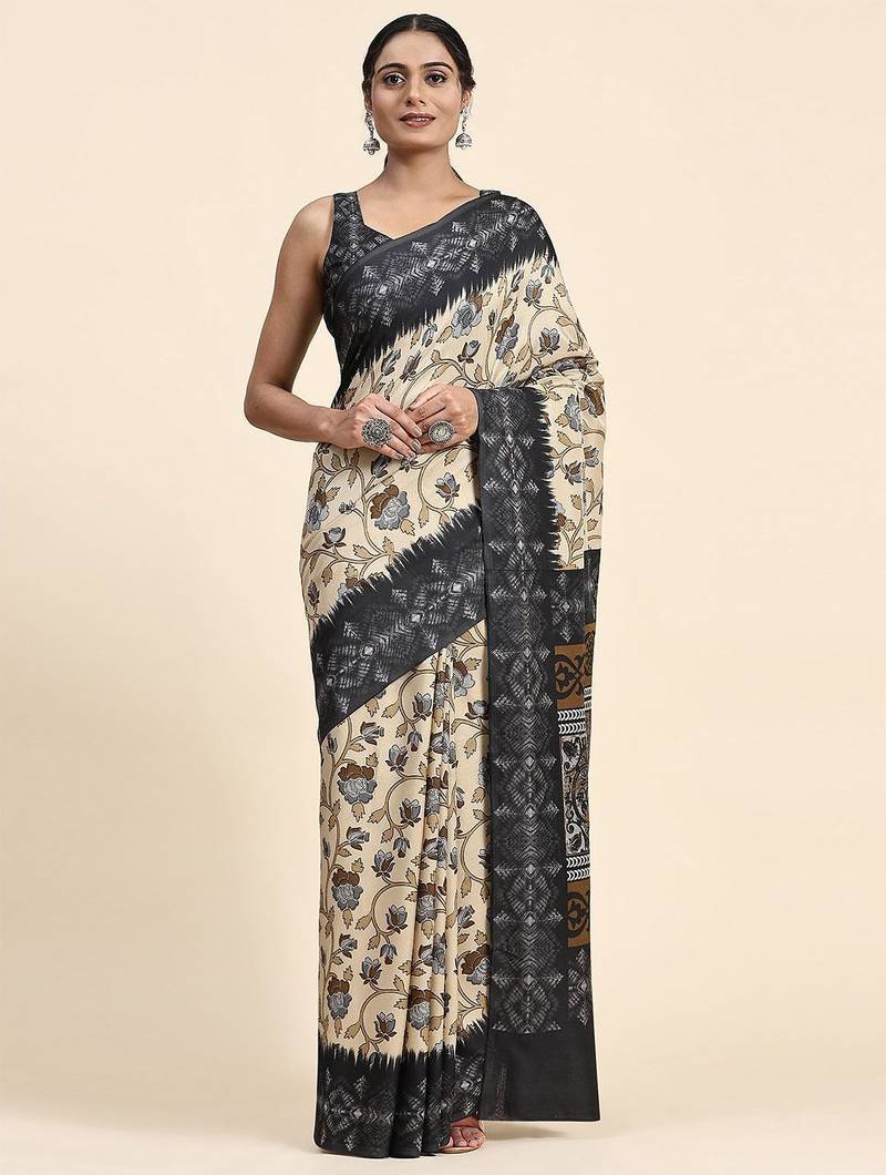 Cream printed crepe casual saree with blouse piece
