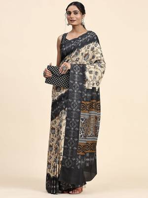 Cream printed crepe casual saree with blouse piece 2