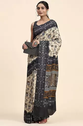 Cream printed crepe casual saree with blouse piece