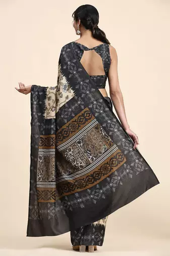 Cream printed crepe casual saree with blouse piece