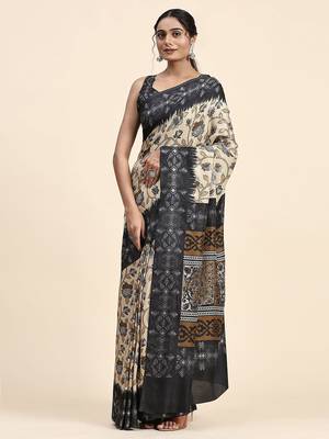 Cream printed crepe casual saree with blouse piece 4