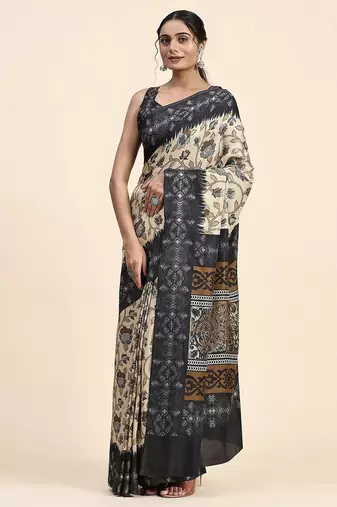 Cream printed crepe casual saree with blouse piece