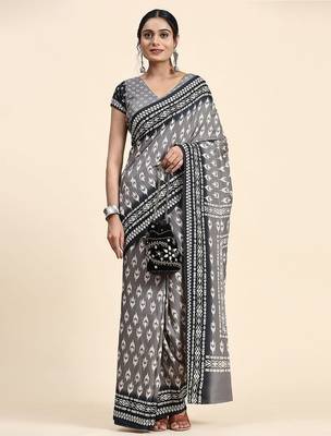 Grey printed crepe casual saree with blouse piece 1