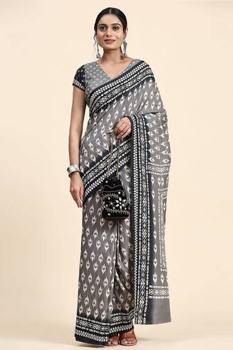 Grey printed crepe casual saree with blouse piece