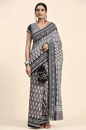 Grey printed crepe casual saree with blouse piece