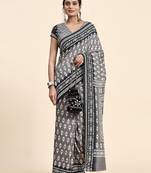 Grey printed crepe casual saree with blouse piece
