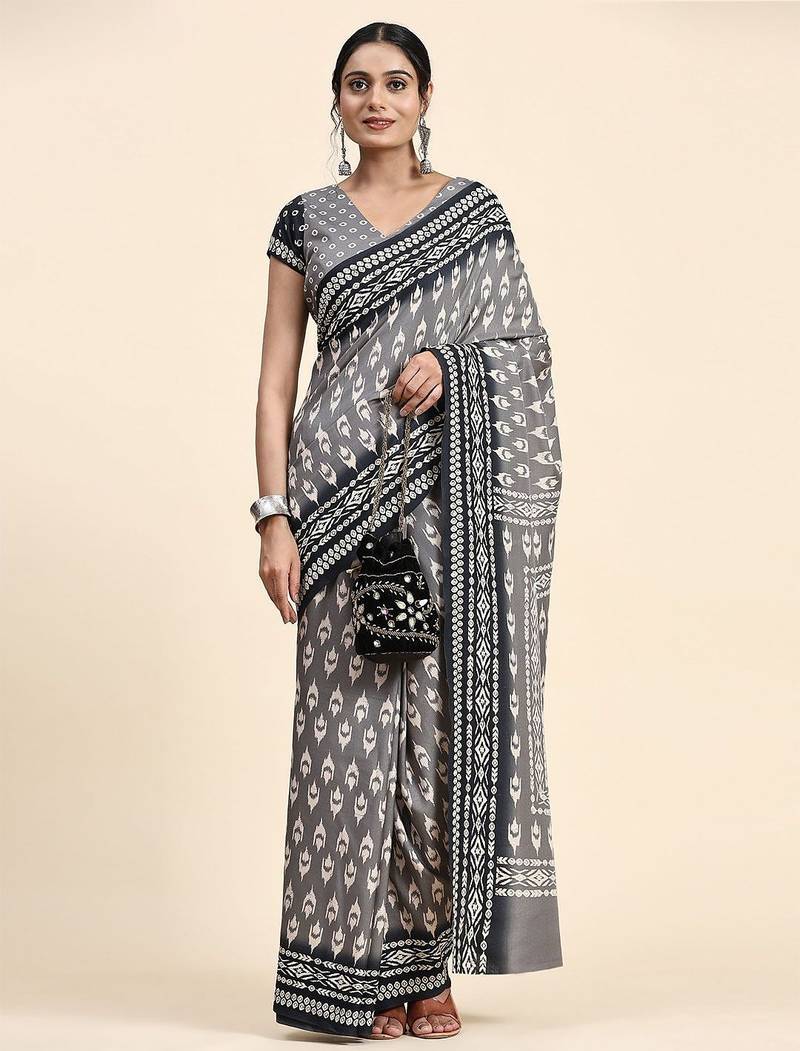 Grey printed crepe casual saree with blouse piece
