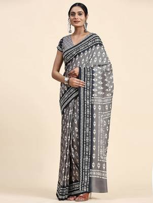 Grey printed crepe casual saree with blouse piece 2