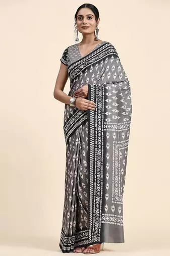 Grey printed crepe casual saree with blouse piece
