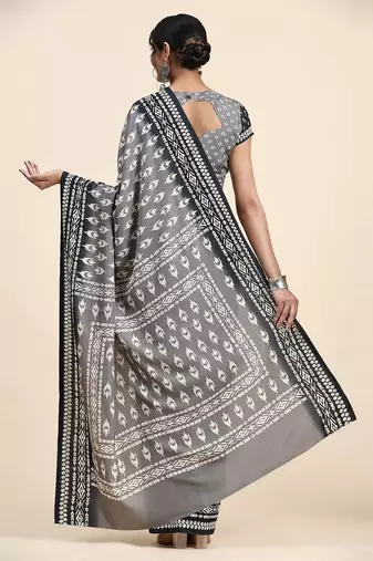 Grey printed crepe casual saree with blouse piece