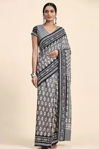 Grey printed crepe casual saree with blouse piece