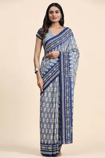 Blue printed crepe casual saree with blouse piece