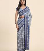 Blue printed crepe casual saree with blouse piece