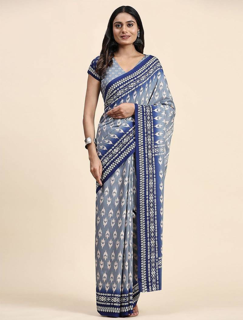 Blue printed crepe casual saree with blouse piece