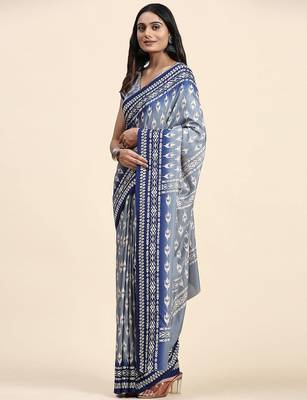 Blue printed crepe casual saree with blouse piece 2