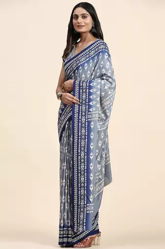 Blue printed crepe casual saree with blouse piece