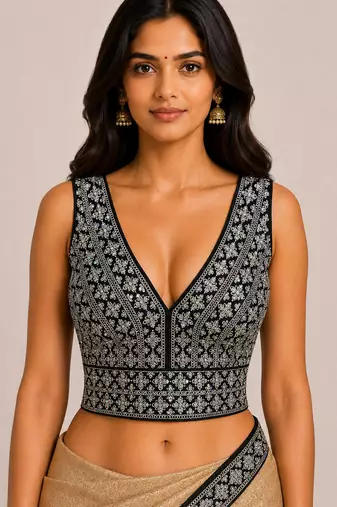 Black heavy embroidered silk bridal blouse for women | designer wedding party wear readymade saree blouse
