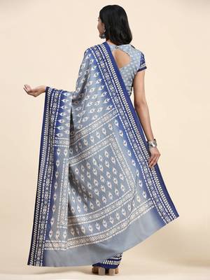 Blue printed crepe casual saree with blouse piece 3