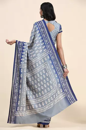 Blue printed crepe casual saree with blouse piece