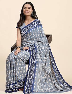 Blue printed crepe casual saree with blouse piece 4